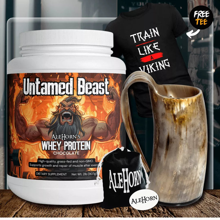 Discover our Viking Fitness Bundle - A Complete Fitness Experience. This bundle includes a unique Drinking Horn Tankard crafted from genuine ethically sourced ox horn, Untamed Beast Chocolate Viking Grass-Fed Protein to fuel your workouts, a motivating &