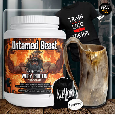 Discover our Viking Fitness Bundle - A Complete Fitness Experience. This bundle includes a unique Drinking Horn Tankard crafted from genuine ethically sourced ox horn, Untamed Beast Chocolate Viking Grass-Fed Protein to fuel your workouts, a motivating 'Train Like a Viking' Tee Shirt, and a FREE AleHorn Carry Bag and Sticker. Elevate your fitness journey with this all-in-one package that blends Norse spirit with premium fitness essentials. Order now and embark on a Viking-inspired fitness adventure
