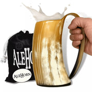 Golden Viking drinking horn made from natural and ethical Ox horn, featuring shades of yellow and pearl. Handcrafted and sealed with food-safe FDA-approved sealant for a safe and stylish beer drinking experience.