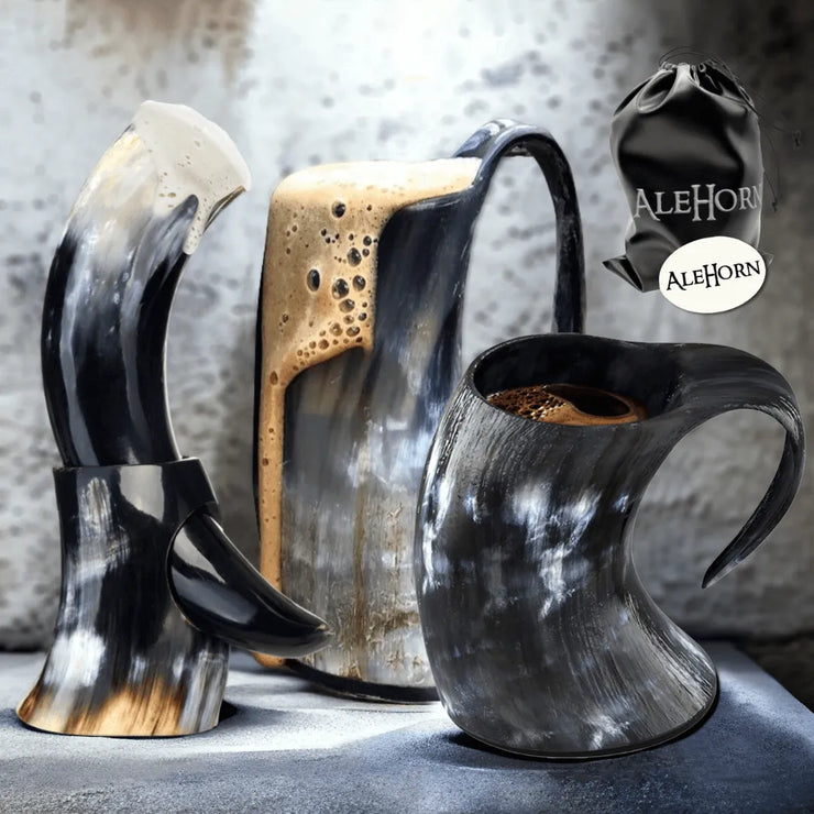 Our Viking Horn Tankards are made from authentic, ethically sourced ox horn, certified by a Livestock Certificate. Each horn is carefully selected for its appearance, durability, color pattern and shape, ensuring that each Alehorn-inspired tankard is unique in shape and color.