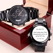 Black Chronograph Stainless Steel Watch - Ragnar Lothbrok Engraved Quote - AleHorn - Viking Drinking Horn Vessels and Accessories