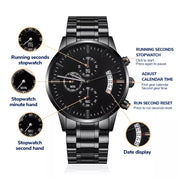 Black Chronograph Stainless Steel Watch - Ragnar Lothbrok Engraved Quote - AleHorn - Viking Drinking Horn Vessels and Accessories