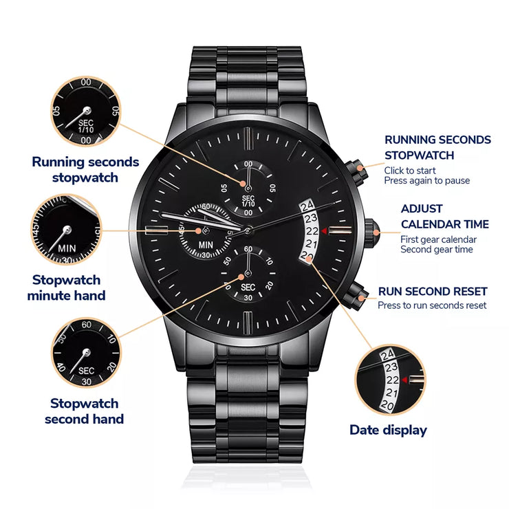 Black Chronograph Stainless Steel Watch - Ragnar Lothbrok Engraved Quote - AleHorn - Viking Drinking Horn Vessels and Accessories