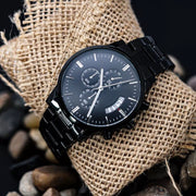 Black Chronograph Stainless Steel Watch - Ragnar Lothbrok Engraved Quote - AleHorn - Viking Drinking Horn Vessels and Accessories