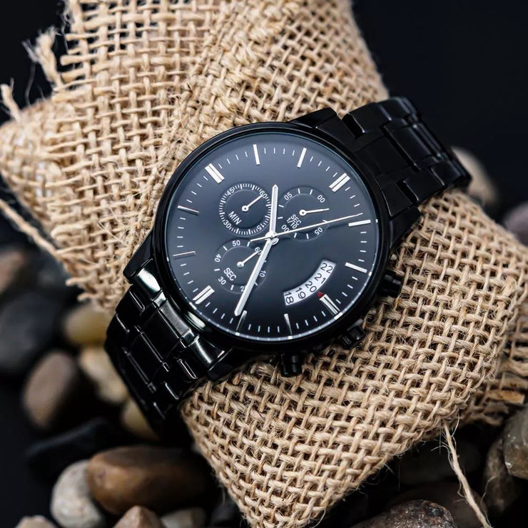 Black Chronograph Stainless Steel Watch - Ragnar Lothbrok Engraved Quote - AleHorn - Viking Drinking Horn Vessels and Accessories