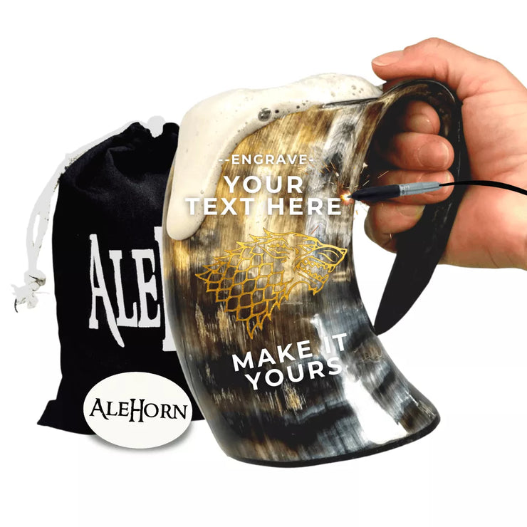 The viking drinking horn tankard is a perfect gift for any true Norseman. This heirloom piece has been passed down through generations and will be used to toast accomplishments large or small. Make yours stand out by getting engraved with your name on both sides so everyone knows whose it