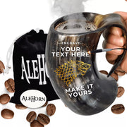 This is a viking drinking horn tankard that you can engrave with your name, logo or message. The design features an intricately carved handle and squat round body made from sturdy horn material. This piece would make for the perfect gift idea and you can engrave your drinking horn here