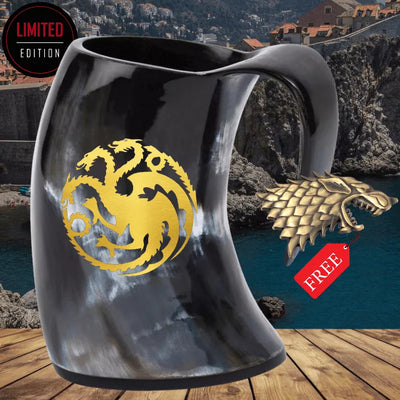 You'll never run out of drink with this giant 16 ounce House of the Dragon viking drinking horn. with medieval bottle opener