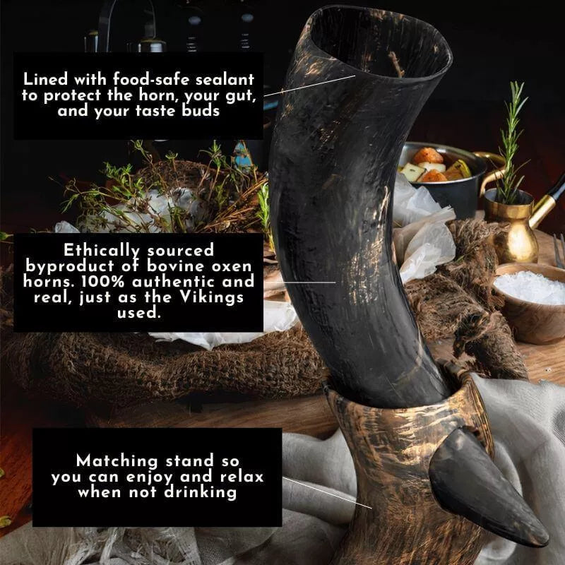If you're a fan of Vikings, the horn is perfect for drinking your favorite beverage. It's made from genuine ox horns and has an elegant curve that leaves plenty room at the top to hold any drink- be it beer, mead or wine!