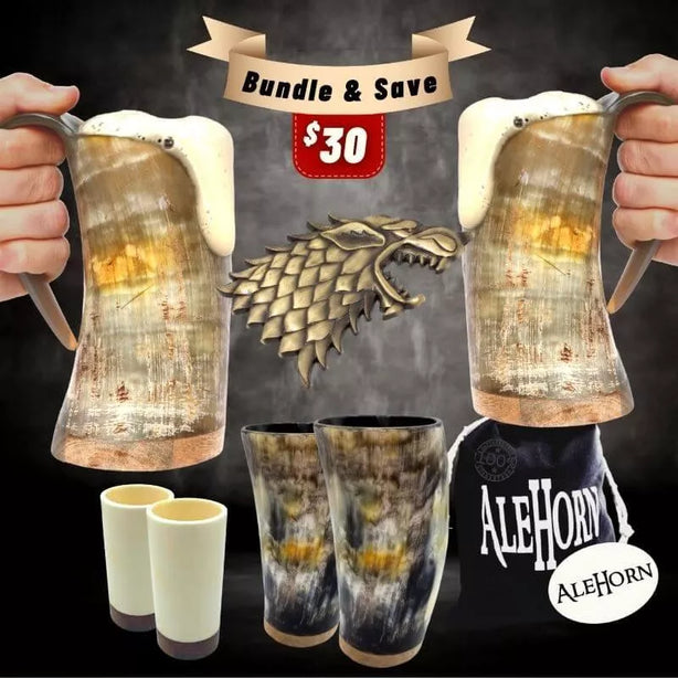 This Viking horn bundle has two extra large tankards, two mead cups, a direwolf bottle opener and two drinking horn shot cups