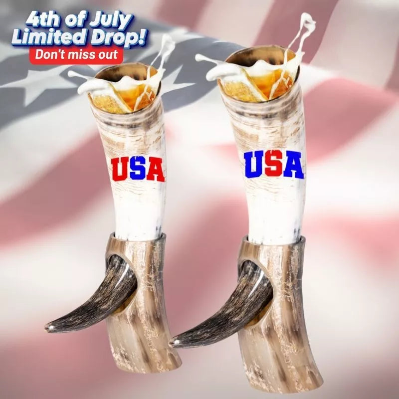 Twin USA Engraved Viking Horns w/ Stands