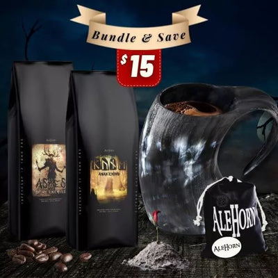 Viking Coffee Bundle - The perfect accessory for your next adventure. AleHorn coffee tankards are crafted from durable materials that will withstand the test of time, while also being lightweight and easy to carry with you on all manners or travels